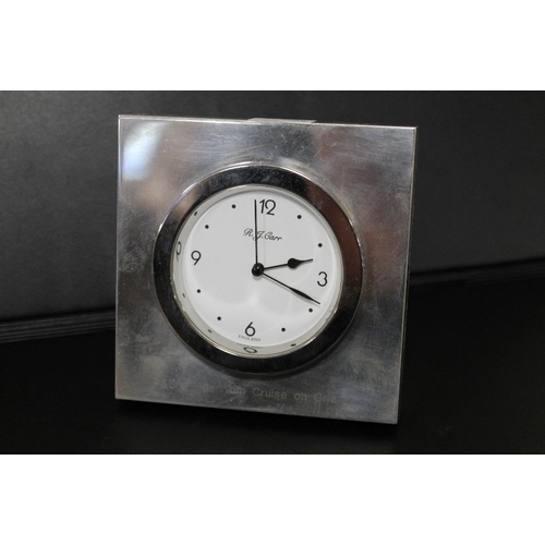 316 - HALLMARKED SILVER R J CARR STRUT CLOCK, INSCRIBED 'P & O'S MILLENNIUM CRUISE ON ORIANA'