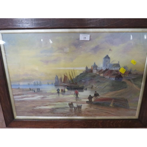 34 - AN OAK FRAMED HARBOUR SCENE OIL PAINTING WITH AN ARTHUR R STANLEY PRINT ETC (6)