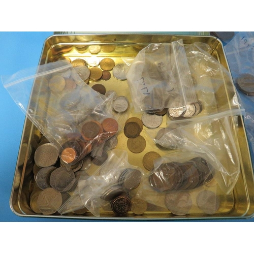 443 - A TIN OF MAINLY BRITISH COINS, INCLUDING A SMALL QUANTITY OF SILVER THREEPENCES, A SMALL QUANTITY OF... 