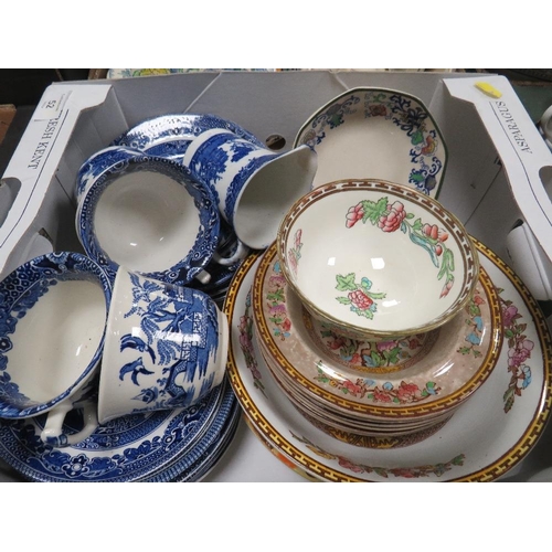 52 - TWO TRAYS OF ASSORTED CERAMICS TO INCLUDE A MASONS REGENCY CHEESE DISH