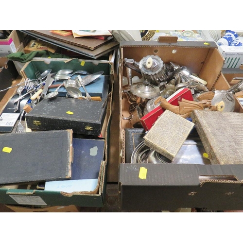 54 - TWO TRAYS OF ASSORTED METAL WARE TO INCLUDE A SILVER PLATED TEA POT, CASED FLATWARE ETC