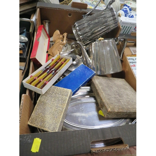 54 - TWO TRAYS OF ASSORTED METAL WARE TO INCLUDE A SILVER PLATED TEA POT, CASED FLATWARE ETC