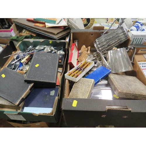 54 - TWO TRAYS OF ASSORTED METAL WARE TO INCLUDE A SILVER PLATED TEA POT, CASED FLATWARE ETC