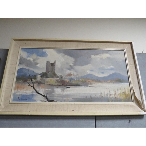 6 - A MID CENTURY FRAMED OIL ON CANVAS OF A STREET SCENE WITH CASTLE BEYOND, SIGNED LOWER RIGHT ANNE TAL... 