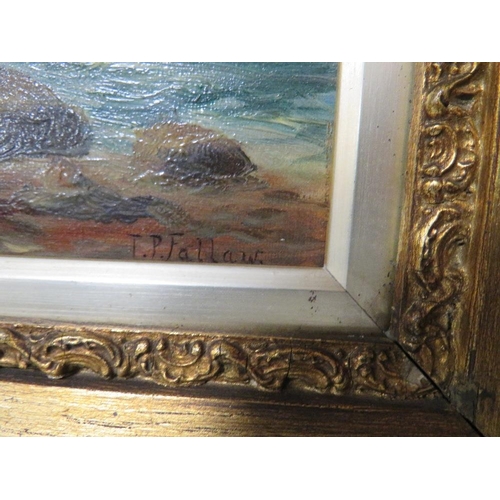 7 - A PAIR OF GILT FRAMED ROCKY SEASCAPES, BOTH SIGNED LOWER RIGHT BY T.P. FALLAW, 16.5 X 34.5 CM A/F