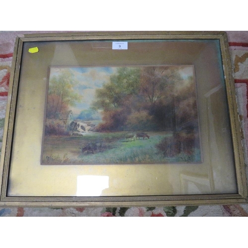 9 - A FRAMED AND GLAZED WATERCOLOUR OF COWS GRAZING IN A FIELD, WATER MILL AND TREES BEYOND SIGNED F. LI... 