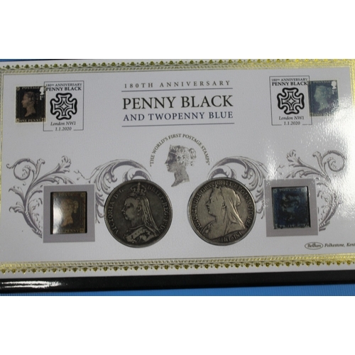 331 - JUBILEE MINT QUEEN VICTORIA PENNY BLACK AND TWO PENCE BLUE COVER, INSET WITH TWO VICTORIAN CROWNS, 1... 