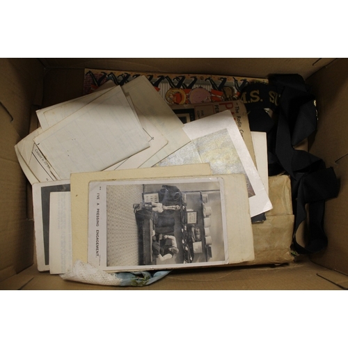 381 - A BOX OF MILITARIA INCLUDING BADGES, WIRE CUTTERS, BUTTON STICKS ETC