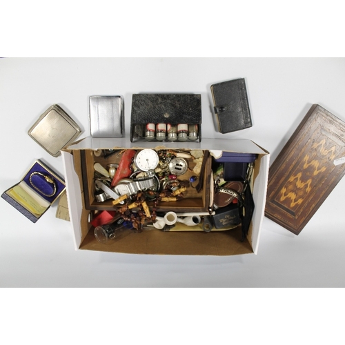 390 - A QUANTITY OF JEWELLERY, CIGARETTE CASES, ANTIQUE INLAID BOX, COLLECTABLES ETC