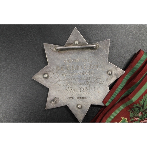 401 - A 19TH CENTURY ANCIENT ORDER OF FORESTERS GLAZED SILVER SASH STAR MEDAL AND SASH, PRESENTED TO P.C.R... 