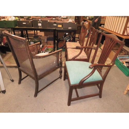 764 - AN ANTIQUE BERGERE ARMCHAIR AND THREE ANTIQUE CHAIRS (4)