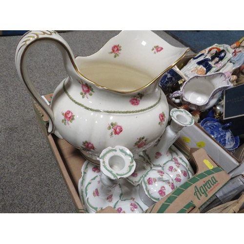 164 - FOUR TRAYS OF ASSORTED CERAMICS TO INCLUDE A LARGE WASH JUG, COLLECTORS PLATES, FIGURINES ETC