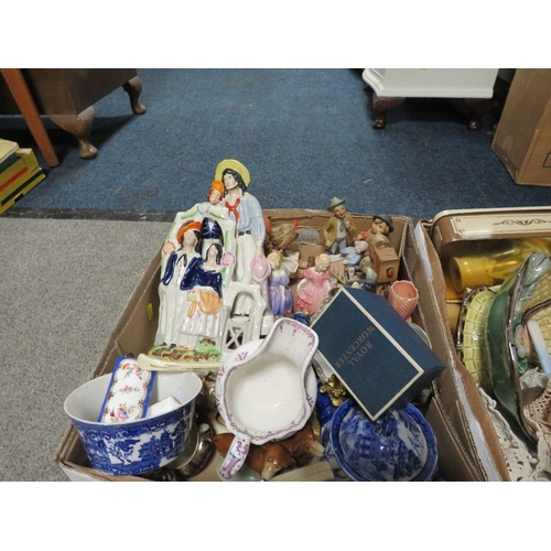 164 - FOUR TRAYS OF ASSORTED CERAMICS TO INCLUDE A LARGE WASH JUG, COLLECTORS PLATES, FIGURINES ETC