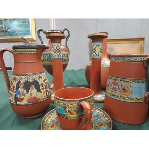 338 - A LARGE COLLECTION OF TERRACOTTA PRATTWARE, to include flasks, jugs, candlesticks etc., approximatel... 