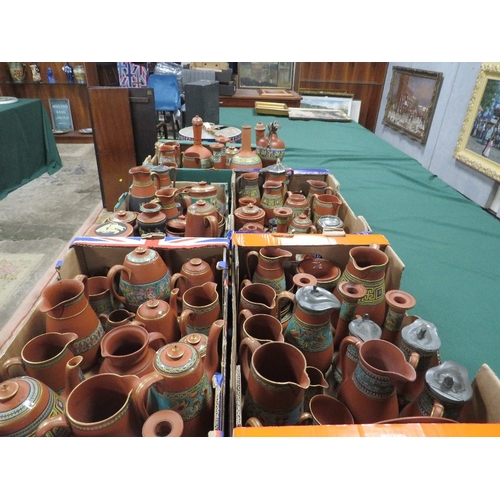 338 - A LARGE COLLECTION OF TERRACOTTA PRATTWARE, to include flasks, jugs, candlesticks etc., approximatel... 