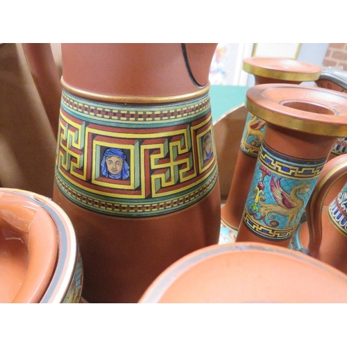 338 - A LARGE COLLECTION OF TERRACOTTA PRATTWARE, to include flasks, jugs, candlesticks etc., approximatel... 