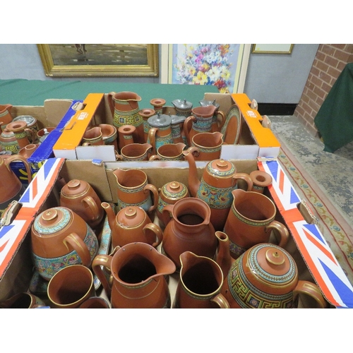 338 - A LARGE COLLECTION OF TERRACOTTA PRATTWARE, to include flasks, jugs, candlesticks etc., approximatel... 