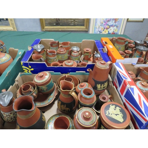 338 - A LARGE COLLECTION OF TERRACOTTA PRATTWARE, to include flasks, jugs, candlesticks etc., approximatel... 