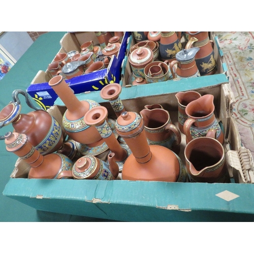 338 - A LARGE COLLECTION OF TERRACOTTA PRATTWARE, to include flasks, jugs, candlesticks etc., approximatel... 