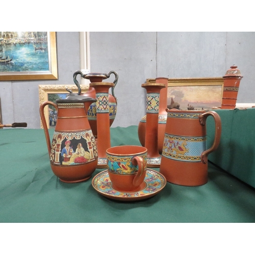 338 - A LARGE COLLECTION OF TERRACOTTA PRATTWARE, to include flasks, jugs, candlesticks etc., approximatel... 