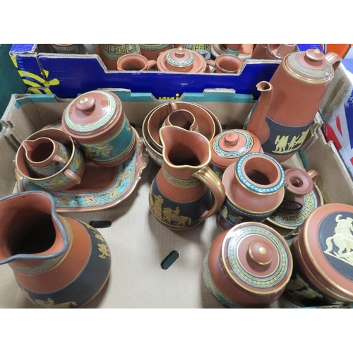 338 - A LARGE COLLECTION OF TERRACOTTA PRATTWARE, to include flasks, jugs, candlesticks etc., approximatel... 