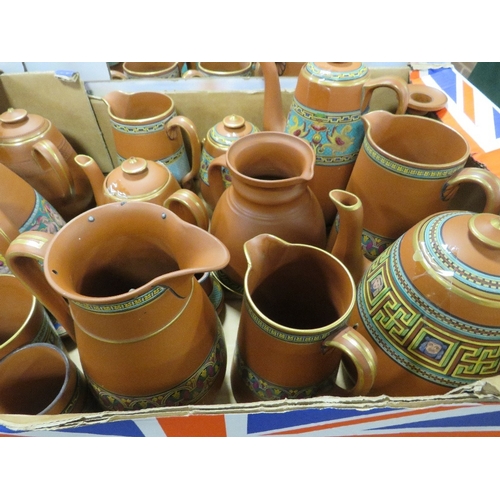 338 - A LARGE COLLECTION OF TERRACOTTA PRATTWARE, to include flasks, jugs, candlesticks etc., approximatel... 