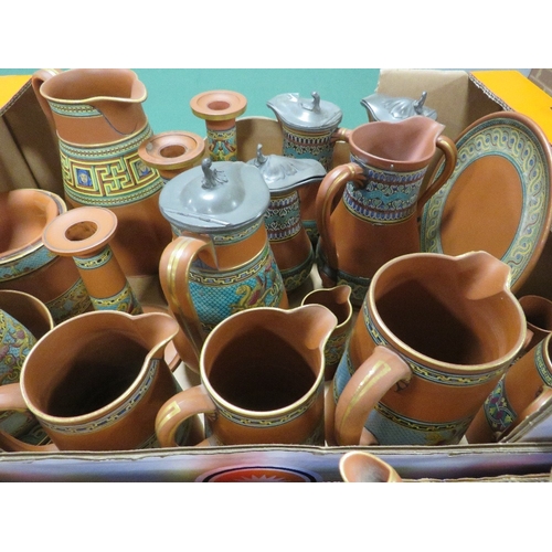 338 - A LARGE COLLECTION OF TERRACOTTA PRATTWARE, to include flasks, jugs, candlesticks etc., approximatel... 