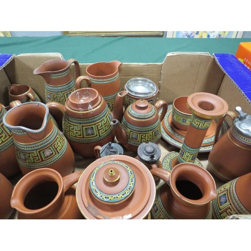 338 - A LARGE COLLECTION OF TERRACOTTA PRATTWARE, to include flasks, jugs, candlesticks etc., approximatel... 