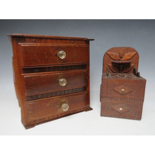 402 - TWO LATE 19TH / EARLY 20TH CENTURY TRAMP ART MINIATURE CHESTS, H 23 and 21 cm