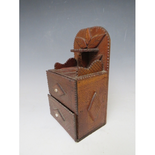 402 - TWO LATE 19TH / EARLY 20TH CENTURY TRAMP ART MINIATURE CHESTS, H 23 and 21 cm