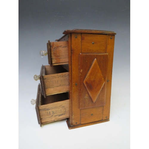 402 - TWO LATE 19TH / EARLY 20TH CENTURY TRAMP ART MINIATURE CHESTS, H 23 and 21 cm