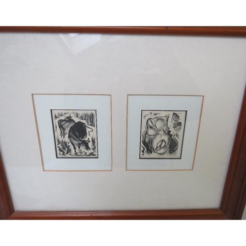 1 - AGNES MILLER PARKER (1895-1980). Two woodcuts depicting cattle and ducks in one frame, 7.5 x 6 cm