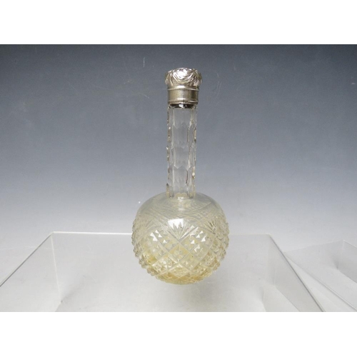 129 - A 19TH CENTURY HALLMARKED SILVER MOUNTED SCENT BOTTLE, no stopper, H 15 cm