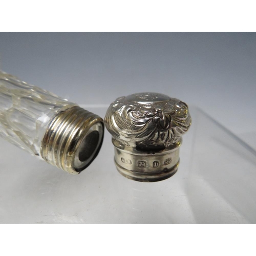 129 - A 19TH CENTURY HALLMARKED SILVER MOUNTED SCENT BOTTLE, no stopper, H 15 cm