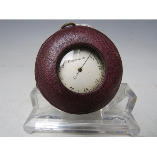 135 - A VICTORIAN POCKET BAROMETER IN FITTED MOROCCAN LEATHER CASE, Dia. 5 cm