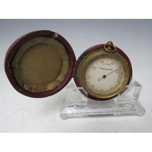 135 - A VICTORIAN POCKET BAROMETER IN FITTED MOROCCAN LEATHER CASE, Dia. 5 cm