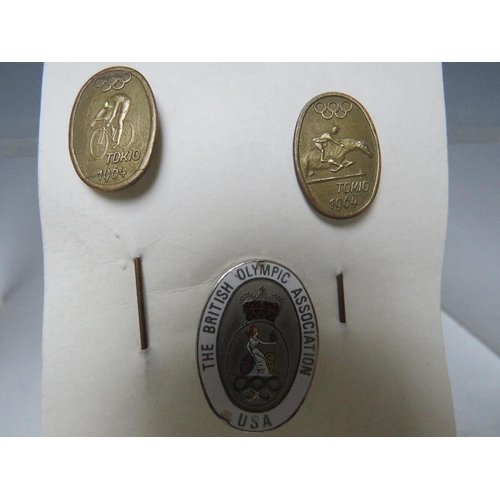 136 - A BRITISH OLYMPIC ASSOCIATION U.S.A. ENAMEL BADGE, together with two Tokyo Olympic 1964 brass tie pi... 