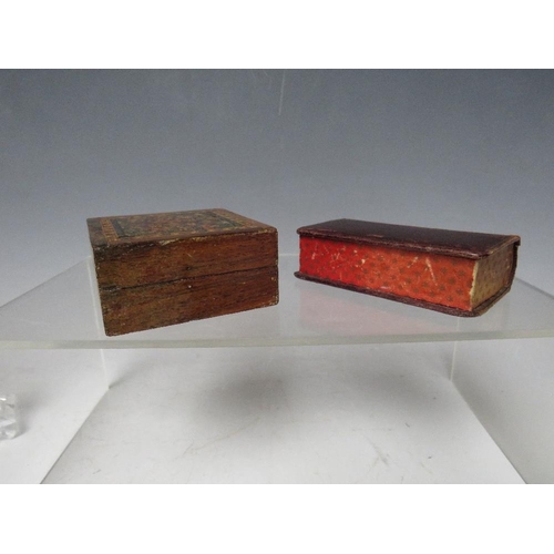 137 - A VICTORIAN TUNBRIDGEWARE BOX, D 3 cm, W 6 cm, H 6 cm, together with a novelty book stamp box 8 x 4.... 