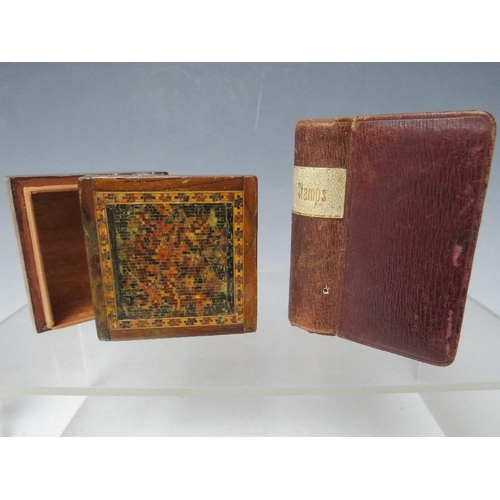 137 - A VICTORIAN TUNBRIDGEWARE BOX, D 3 cm, W 6 cm, H 6 cm, together with a novelty book stamp box 8 x 4.... 