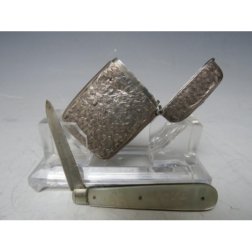 138 - A HALLMARKED SILVER VESTA CASE, together with a silver bladed and mother of pearl fruit knife (2)