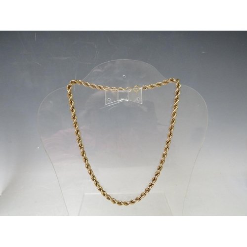 150 - A HALLMARKED 9CT GOLD ROPE CHAIN, overall L 46.5 cm, approx weight 20 g