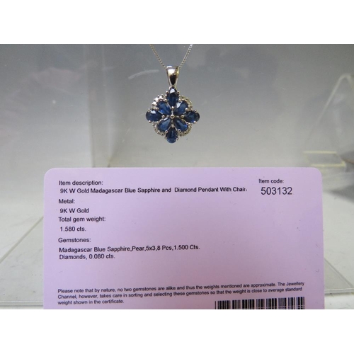 159 - AN 9CT WHITE GOLD 'ILIANA' SAPPHIRE AND DIAMOND PENDANT ON CHAIN