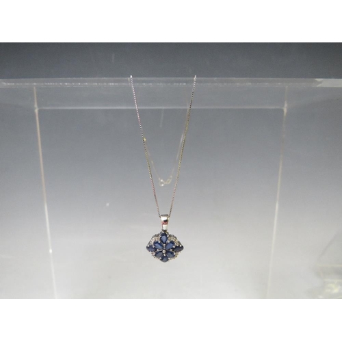 159 - AN 9CT WHITE GOLD 'ILIANA' SAPPHIRE AND DIAMOND PENDANT ON CHAIN