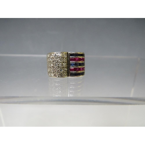 175 - AN UNUSUAL TWO COLOUR SAPPHIRE AND DIAMOND 'OPEN BOOK' DESIGN RING, having pave style set brilliant ... 