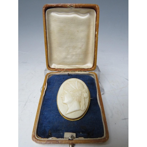 176 - A 19TH CENTURY CAMEO BROOCH, depicting a Roman head study in yellow metal frame, 4.5 x 3.5 cm