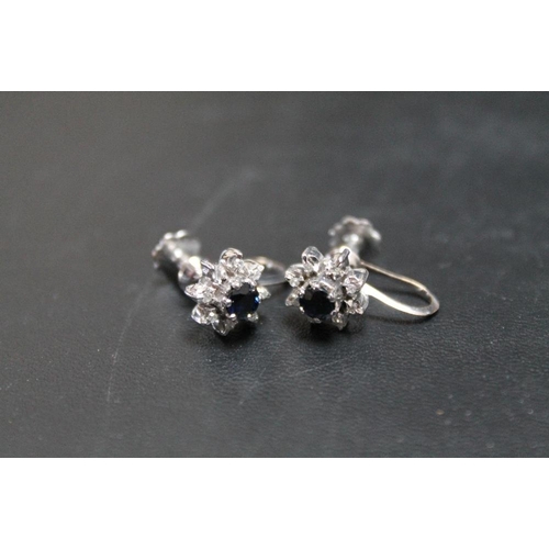 178 - A PAIR OF 18K WHITE GOLD SAPPHIRE AND DIAMOND EARRINGS, each having a screw back setting with a cent... 