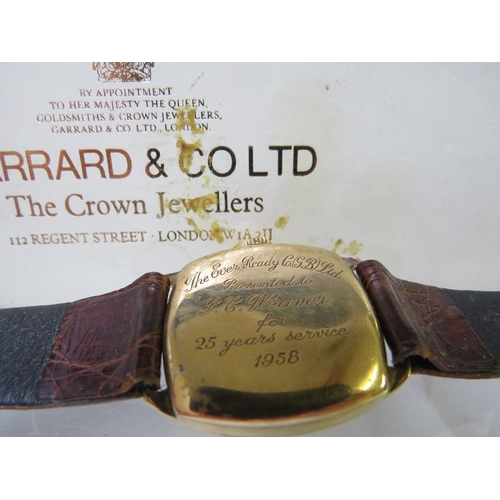 182 - A 9 CARAT GOLD VERTEX WRIST WATCH WITH PRESENTATION ENGRAVING TO REVERSE, circa 1958,  in Garrard & ... 