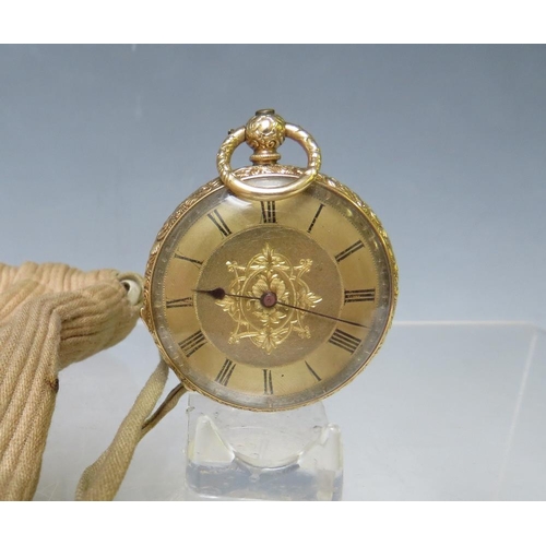 185 - A CONTINENTAL YELLOW METAL OPEN FACED POCKET FOB WATCH, with unsigned cylinder movement, the case st... 