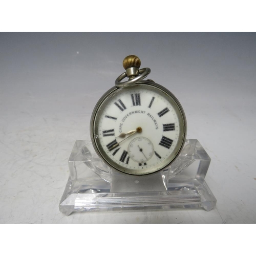 192 - A VINTAGE SOUTH AFRICAN RAILWAY WHITE METAL POCKET WATCH, 'Cape Government Railways', Dia. 5 cm