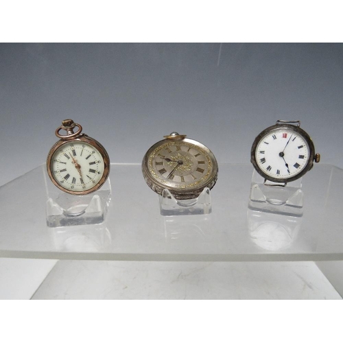 194 - TWO VINTAGE FOB WATCHES, together with a silver trench watch, largest Dia. 3.5 cm, smallest Dia. 2.5... 